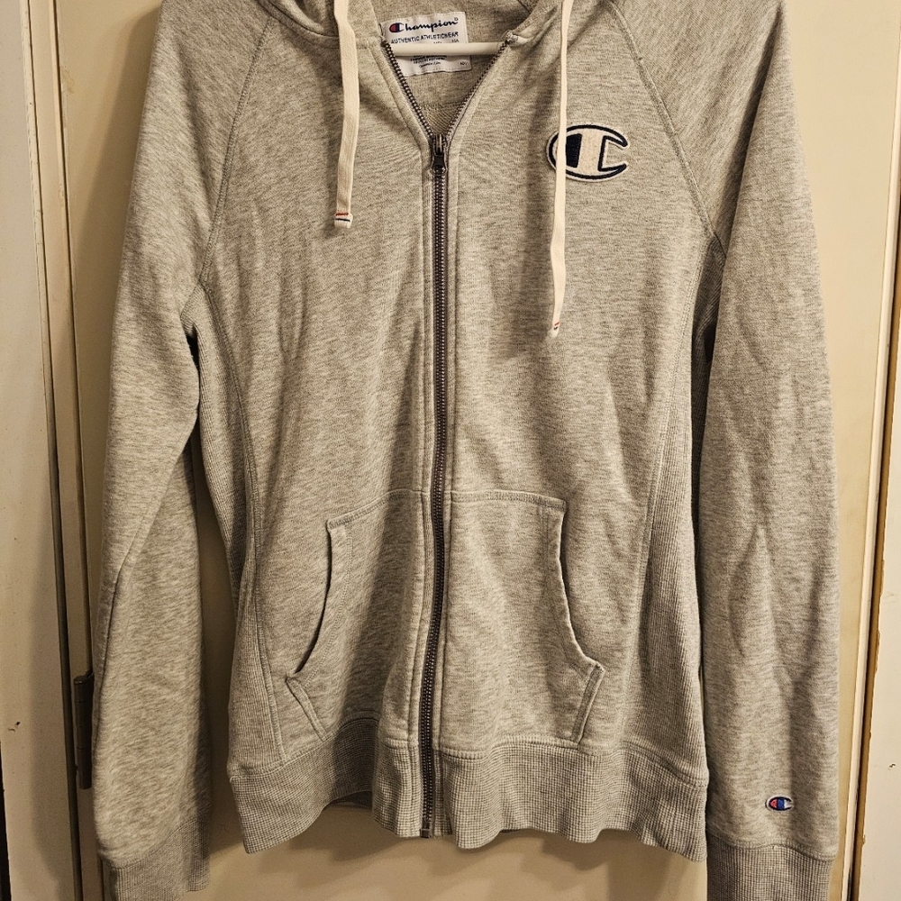 Champion Light Heather Gray Zip-Up Hoodie with Blue Logo Accent
